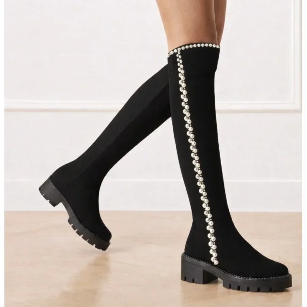 Stuart Weitzman 50/50 OTK Boot Lift Pearl Embellished‎ Lug Sole Boots 8.5B Rare